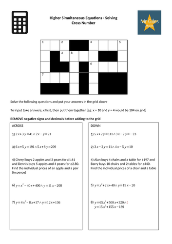 Higher Simultaneous Equations - Solving Cross Number