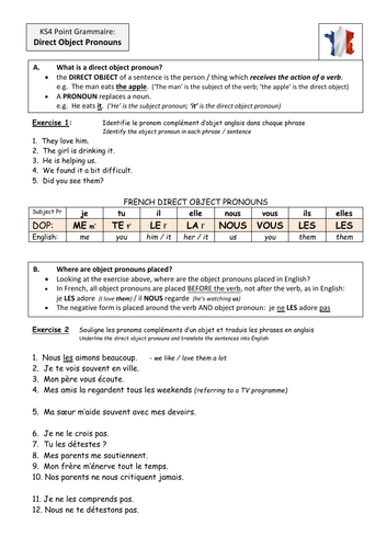 KS4 French: Direct Object Pronouns