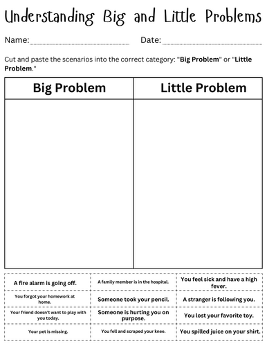 big problems vs little problems worksheet - big vs small problems activities