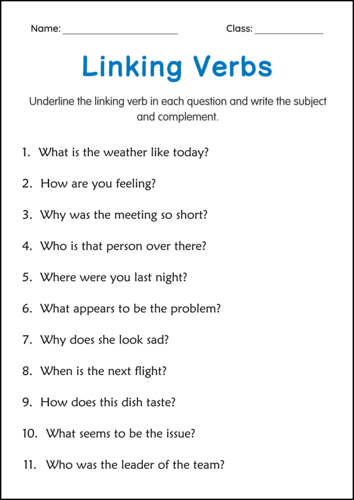 Linking Verbs Grammar Worksheets - Linking Verbs Activities for Grade 1, 2, 3