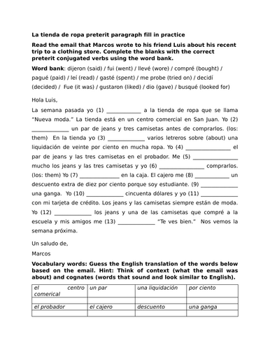 La tienda de ropa preterit paragraph fill in practice