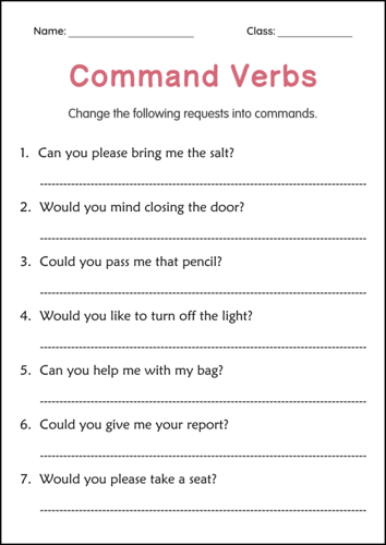 Imperatives Command Verbs Grammar Practice Activity Worksheet for Grade 1, 2, 3