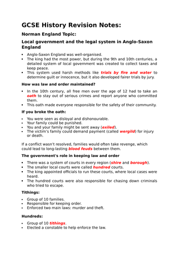 GCSE History Revision Notes - Life in Anglo Saxon England