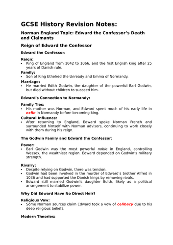 GCSE History Revision Notes - Norman England - Edward Confessor's Death and Claimants