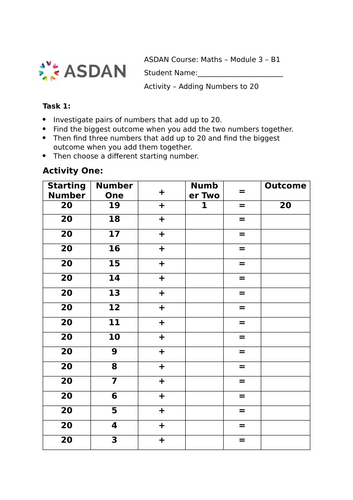 ASDAN Short Course Maths - Challenge B1 - Adding Numbers