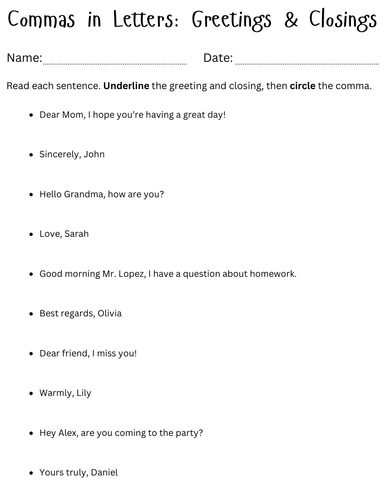 use commas in greetings and closings of letters worksheet