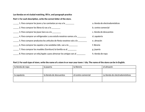 Las tiendas en mi ciudad matching, fill in, and paragraph practice