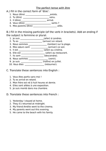 Worksheet- the perfect tense with etre verbs