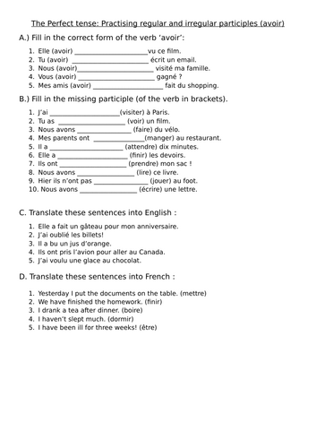 worksheet - French perfect tense -avoir with regular and irregular participles