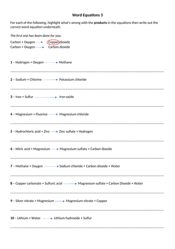 Word Equations Practice Questions (with answers)