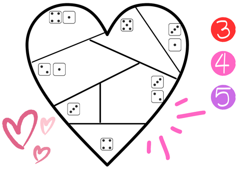 Heart colour by number - dice total 3,4,5