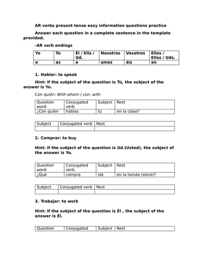 AR verbs present tense easy information questions practice