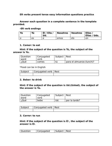 ER verbs present tense easy information questions practice