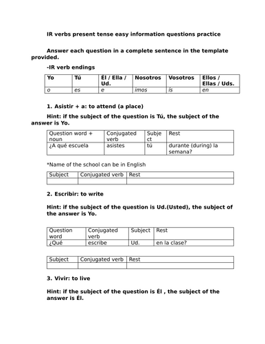 IR verbs present tense easy information questions practice