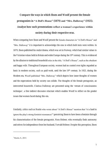 AQA A Level English Literature A NEA Coursework Exemplar - A Doll's House and Mrs. Dalloway