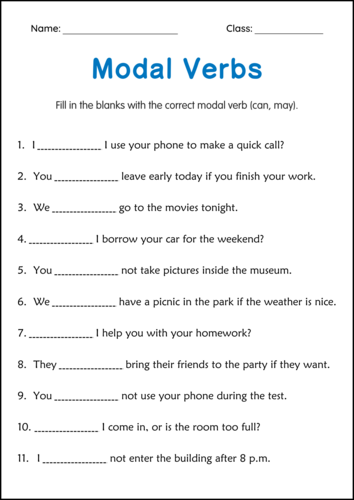 Modal Verbs Grammar Activities Worksheets for Grade 1, 2, 3