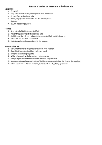 Reaction of metal carbonates yield practical A-level BTec Level 3