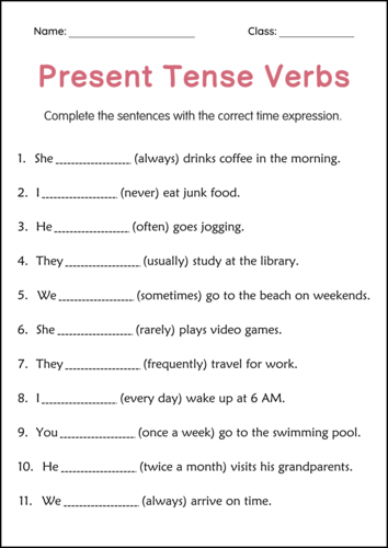 Printable Simple Present Tense Verbs Grammar Worksheets for Grade 2, 3, 4