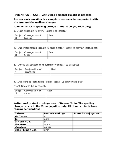 Preterit -CAR, -GAR., -ZAR verbs personal questions practice