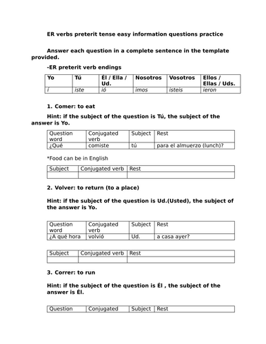 ER verbs preterit tense easy information questions practice