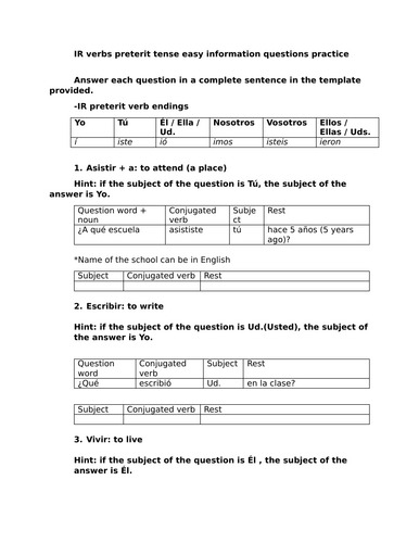 IR verbs preterit tense easy information questions practice