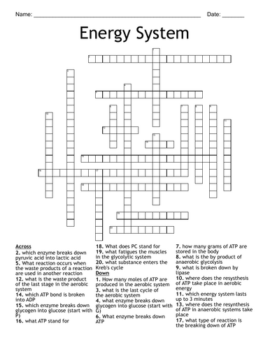 OCR A level PE Energy systems crossword