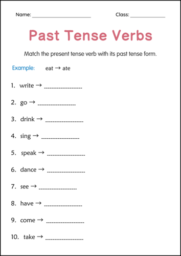 Printable Simple Past Tense Verbs Grammar Worksheets for Grade 2, 3, 4