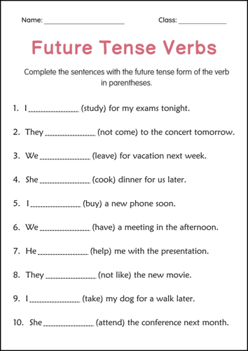 Printable Simple Future Tense Verbs Grammar Worksheets for Grade 2, 3, 4