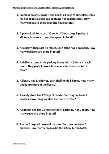 Reasoning/Word Problems - Multiplying 2-digit number by a 1-digit number