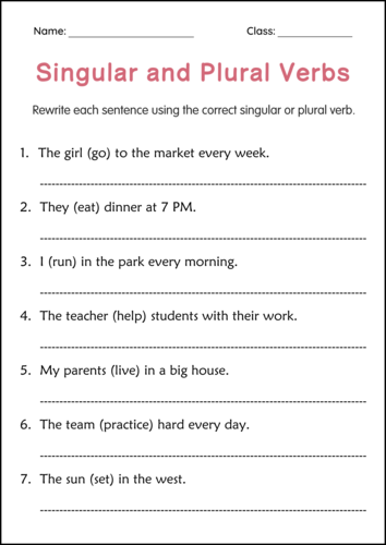 Subject Singular and Plural Verbs Grammar Worksheet for Grade 1, 2, 3