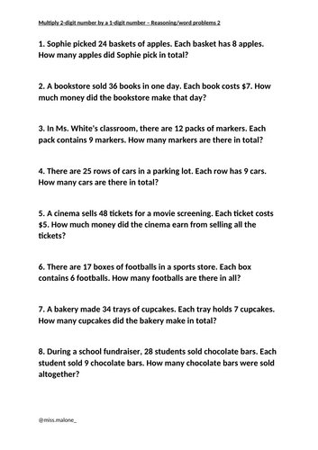 Reasoning/Word Problem - Multiplying 2-digit number by a 1-digit number version 2