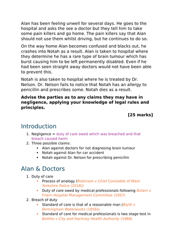 A-Level Law: Negligence Scenario Question + Model + Plan - Eduqas Tort Law