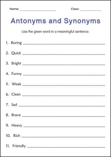 Printable Synonyms and Antonyms Grammar Worksheet for Grade 1, 2, 3