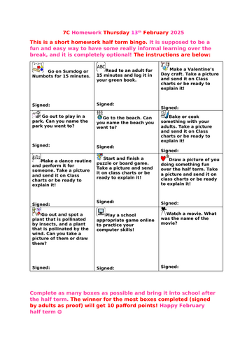 February Half Term Homework Grid