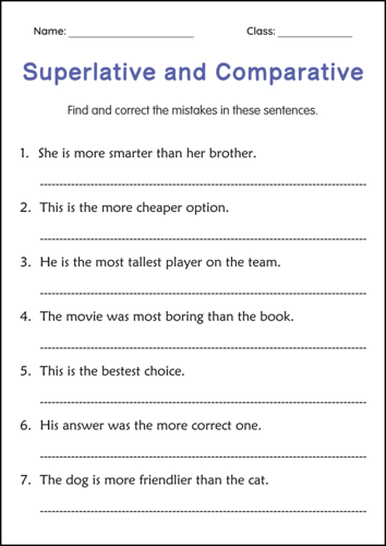 Superlative and Comparative Adjective Grammar Worksheets for Grade 2, 3, 4