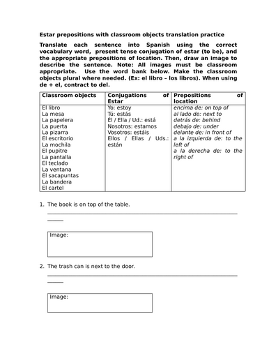 Estar prepositions with classroom objects translation practice