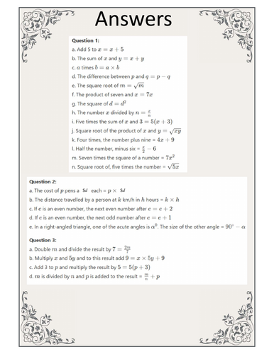 Writing the algebraic expressions-Worksheet 1-Questions with Answers