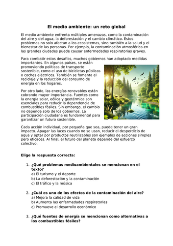 GCSE Spanish Reading Comprehension: El Medio Ambiente y Desarrollo Sostenible (Activities + Key)