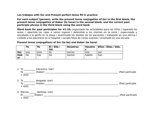 Los trabajos with Ser and Present perfect tense fill in practice