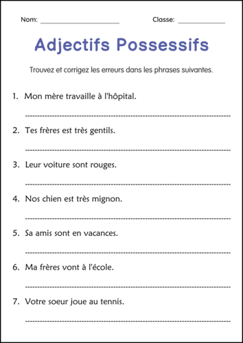 Fiche D'exercices Sur les Adjectifs Possessifs - Possessive Adjectives in French