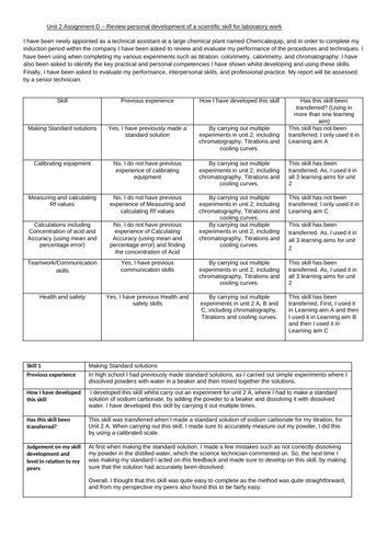 Unit 2 Assignment D – Review personal development of a scientific skill for laboratory work