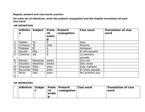 Regular preterit and clue words practice