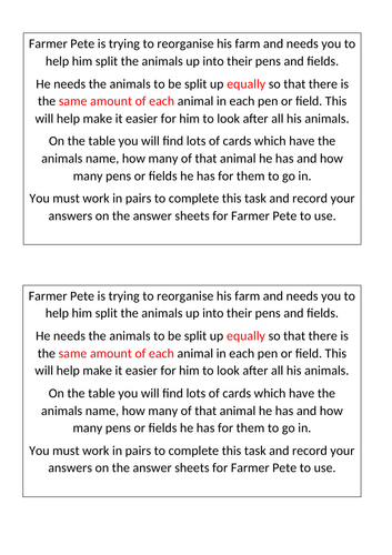 KS1 Division - Help the farmer sort his animals - question cards