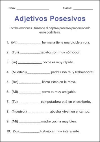 Hoja de Ejercicios de Adjetivos Posesivos - Possessive Adjectives in Spanish