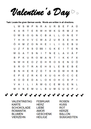 Valentines Day German Word Search