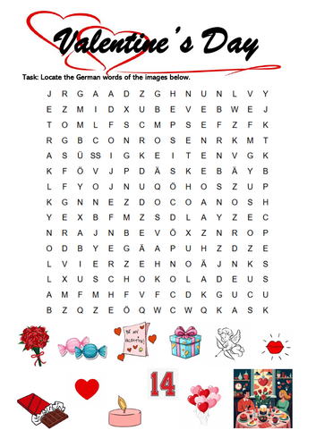 Valentines Day German Word Search with images