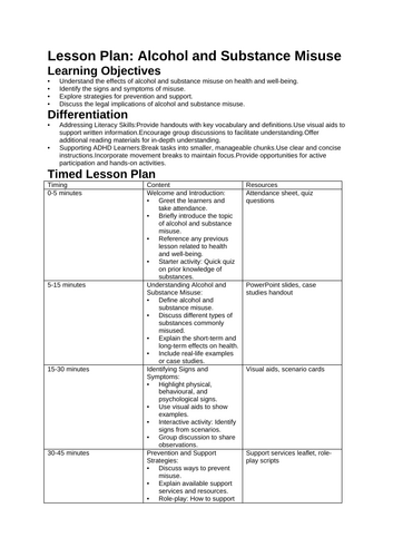 Alcohol and Drug Lesson plan