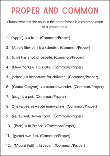 Proper Nouns and Common Nouns Grammar Practice Worksheets for Grade 1, 2, 3