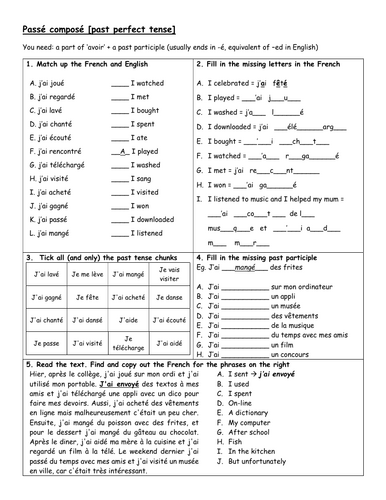 Past tense/passé composé (regular verbs) revision & cover worksheet