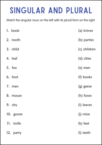 Printable Singular and Plural Nouns Grammar Worksheets for Grade 2, 3, 4